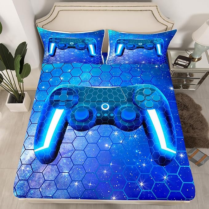 Gamer Sheet Sets for Boys King Size Video Games Gaming Bedding Set Blue Honeycomb Hexagon Print Fitted Sheet 3 Pcs Soft Microfiber All Season Machine Washable Flat Sheet with 2 Pillowcases