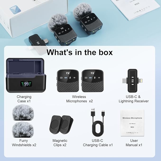 Mini Wireless Lavalier Microphone for iPhone/Android/Tablets,Magnetic Mini Mic with Noise Reduction, 25H Battery Life with Charging Case, Lapel Microphone Wireless for Video Recording Podcast
