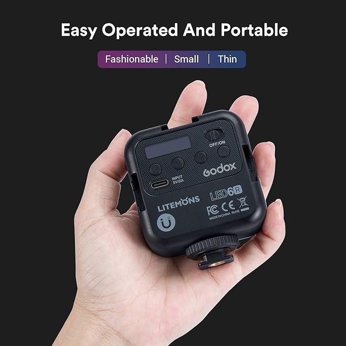 Godox LED6R RGB Video Light,360° Full Color LED Camera Light,HSI Adjustable 36000 Colors,CCT Bicolor 3200K～6500K,CRI 95,13 Scene Modes,Portable Photography Lighting Support Magnetic Attraction