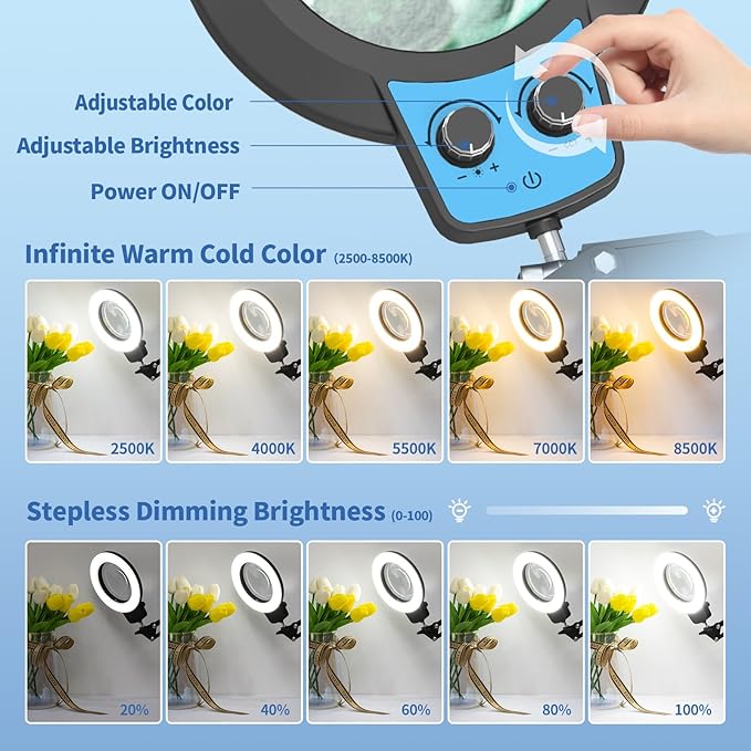 HITTI 12X Long Magnifying Glass with Light, 2026 Upgrade Infinite Color and Brightness LED Desk Lamp with Clamp, Hands Free Magnifier Light and Stand for Workbench Crafts Reading Painting - Blue