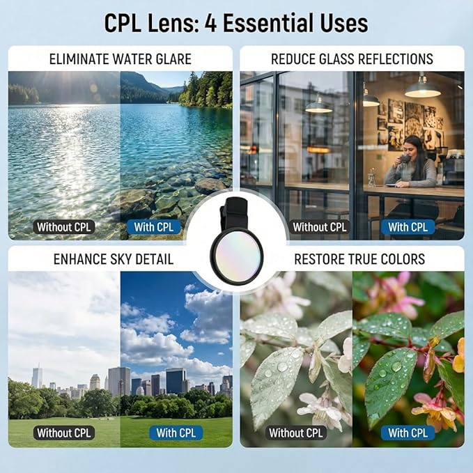 52mm CPL Filter, Clip on Lens Filter Camera Lens, HD Circular Polarizing Filter, CPL Filter Compatible with DSLR/iPhone 17/16/15/14/12/Samsung Galaxy Pixel and Other Smart Phones/Camera