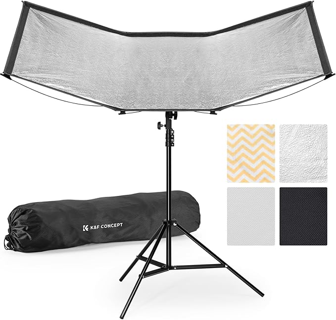 K&F CONCEPT Curved Reflector, Quick-Open Clamshell Light Reflector with Stand & Carrying Bag – 48"x26" U-Shape Photography Diffuser for Studio Portrait & Video Shooting, 4-in-1 Black/White/Silver/Gold