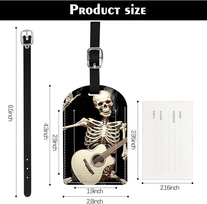 2 Pack Luggage Tag Suitcase Tags PU Leather Identifiers Privacy Cover Luggage Tags Aesthetic Cute Travel Bag Labels for Women Girls Men-Skull Skeleton