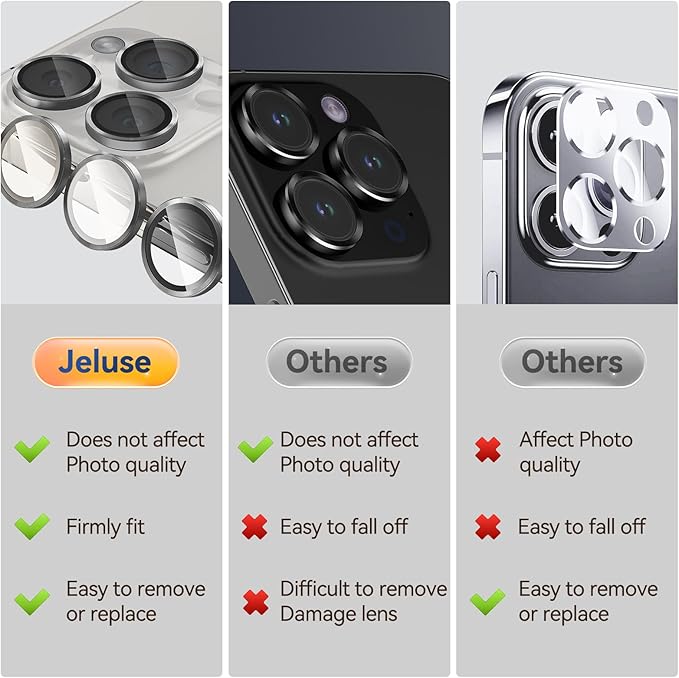 Jeluse Camera Lens Protector for iPhone 17 Pro Max/17 Pro/16 Pro Max/16 Pro/15 Pro Max/15 Pro/14 Pro Max/14 Pro, 9H Tempered Glass Screen Protector Cover Alignment Kit Metal Individual Ring