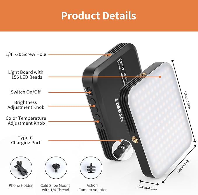 UTEBIT 156 LED Selfie Light for iPhone, Portable Phone Light with Clip & Camera Tripod Adapter, Rechargeable 5000mAh CRI 95+ with 3 Lighting Modes, for Picture, Makeup, Conferences, Vlog Photography