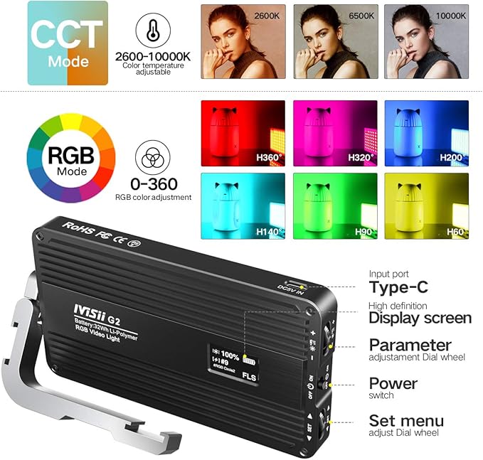 G2 RGB Portable On Camera Light, Built-in 4300mAh Lithium Battery Video Conference Lighting, 2600-10000K 12W Full Color LED Light Panel for Photography, Studio, Wedding Shooting