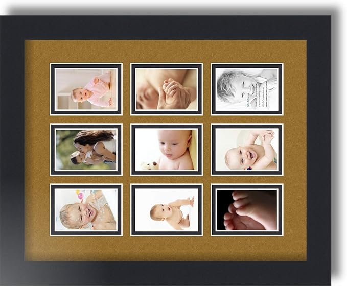ArtToFrames Collage Photo Frame Double Mat with 9-2x3 Openings with Satin Black Frame and El Dorado mat.