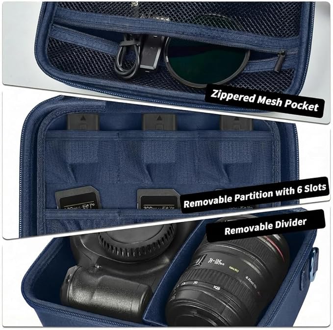 Comecase Hard Camera Case for Canon EOS Rebel T7 R50 R100 R10 R5 R6 R8 Mark II, DSLR Mirrorless Camera Bag with 6 Slots &Adjustable Divider for Lens and Accessories, Travel Storage, Dark Blue