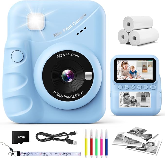 Kids Camera Instant Print, 3.0'' Screen 48MP Photo Instant Camera for Kids with 32GB Card, 1080P HD Digital Child Printable Toy, Gift for 3-12 Year Old Girls Boys