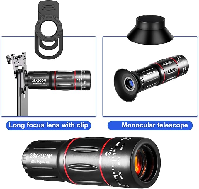 Phone Camera Lens Kit 28X Telephoto Lens for iPhone with E-Clip and Tripod, Suitable for Most (Black)