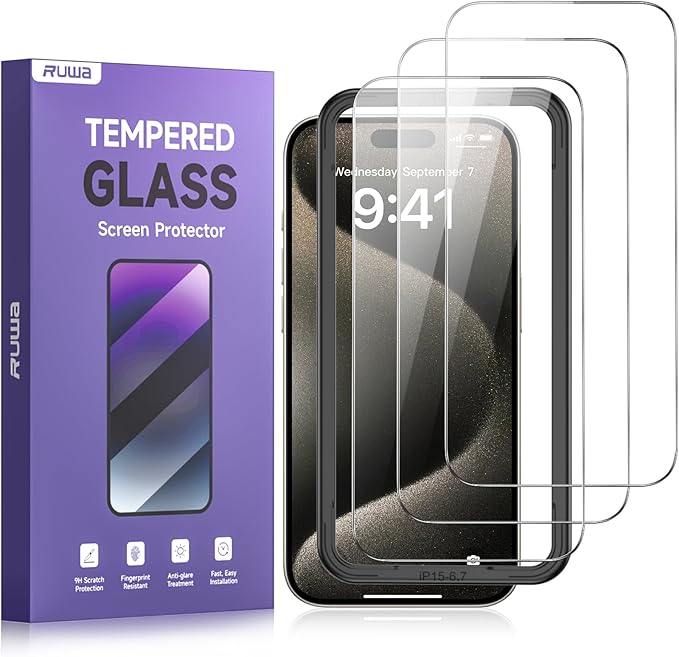 ruwa Screen Protector for iPhone 15 Plus/16 Plus [6.7 Inch] [3-Pack] Tempered Glass Film with Easy Installation Frame, Ultra HD, 9H Hardness, Scratch Resistant, Case Friendly