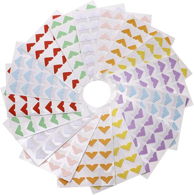 Penta Angel 16 Sheets 8 Colors Photo Corner Stickers Holder Protectors Self Adhesive Photo Mounting Corner Stickers Picture Corners for DIY Scrapbooking Photo Album Personal Journal Diary, 384 Count