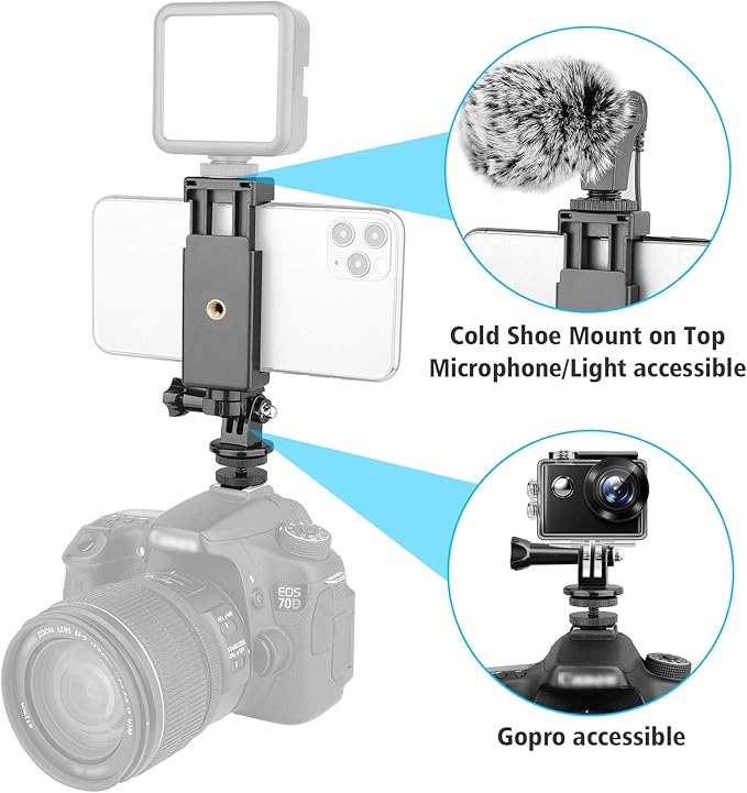 Anwenk Phone Holder Hot Shoe Mount Adapter with Cold Shoe Mount for Microphone/ Flash Light Compatible with Gopro Hero DJI Osmo Action Camera Smartphone, Attach on DSLR Camera / Ring Light/ Tripod