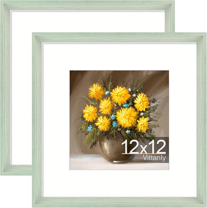 Vittanly 12x12 Picture Frames Set of 2, Ornate Vintage Photo Frame for Wall or Tabletop, Display 8x8 Pictures with Mat or 12x12 without Mat, Light Green