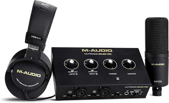 M-AUDIO M-Track Duo HD Audio Interface, M100 Condenser Microphone and HDH41 Studio Monitoring Headphones for Recording, Producers, Content Creators and Podcasters