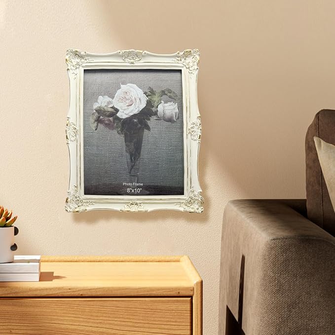 CISOO 8x10 Vintage Picture Frame, Antique Ornate White with Gold Photo Frame, for Table Top and Wall Display, Decorative Floral Design Retro Home Decor, Photo Gallery Art