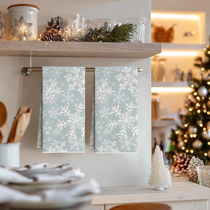 Artoid Mode Aqua Snowflakes Winter Bar Kitchen Towels, 12x24 Inch Quick Dry Microfiber Cloth Dish Towels for Kitchen Drying Set of 2