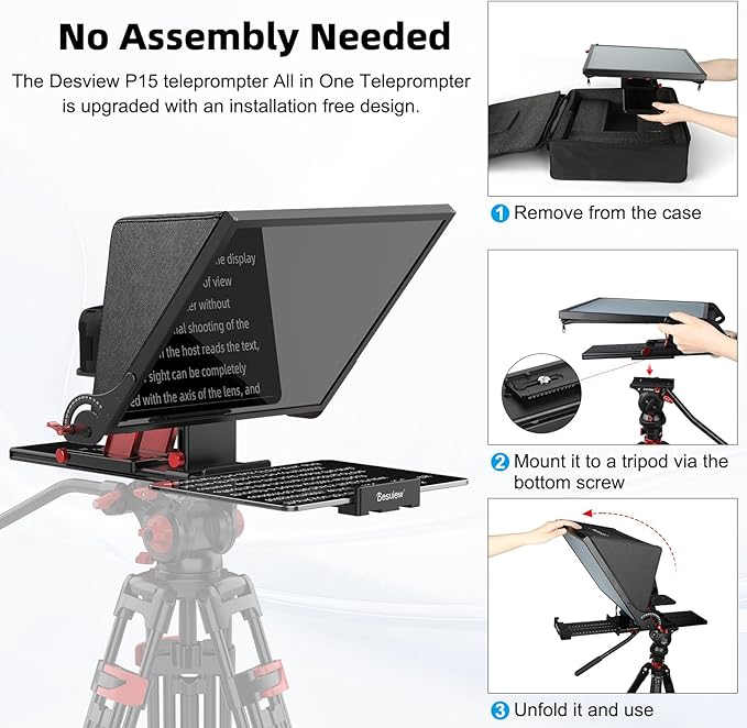 Desview P15 Teleprompter 15 inch Professional Prompter with HD Glass & Adjustable Mirror Compatible with DSLR Cameras Smartphones Tablets for Video Recording Live Streaming