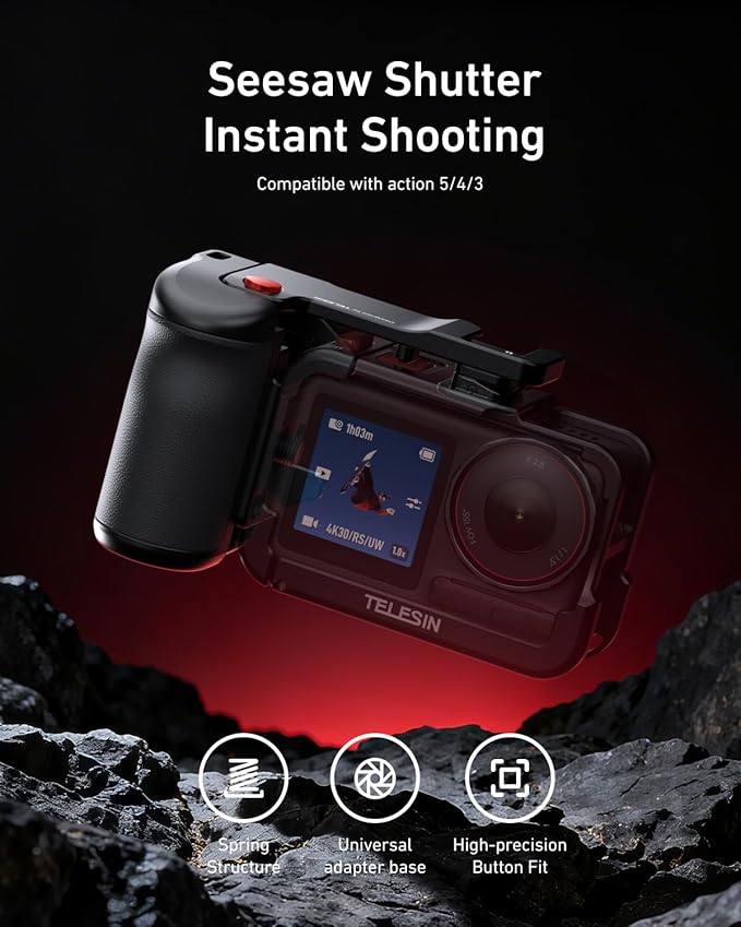 TELESIN Metal Street Photography Grip Handle for DJI OSMO Action 5 Pro/Action 4/Action 3, Seesaw Shutter Button, Quick Release, Cold Shoe, Wrist Strap,1/4 Threaded Hole, Camera Grip for TELESIN Cage