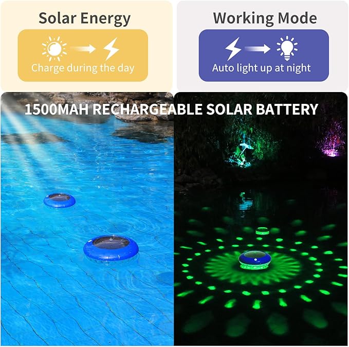 FirstE Solar Floating Pool Lights, RGB Color Changing Pool Floating Light, IP68 Waterproof LED Solar Pool Lights That Float, Hangable Auto ON Off for Above In Ground Pools Wedding Party Decoration (4)