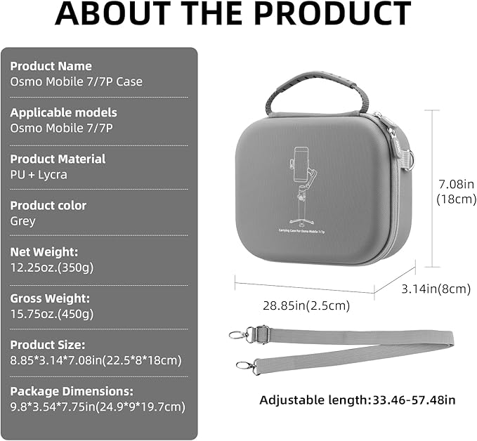 Osmo Mobile 7P Carrying Case, PU Portable Shoulder Bag for DJI OM 8/7/Pro – Protective Travel Storage Case Smartphone Gimbal Stabilizer Accessories, Gray