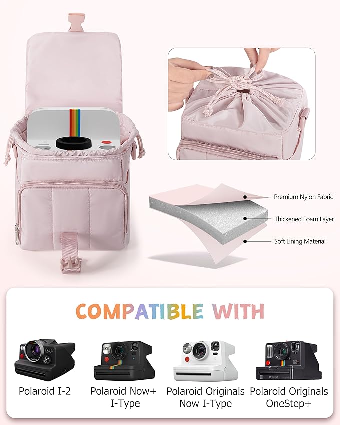 Instant Camera Case Compatible with Polaroid Now 3rd and Go Gen2 Series, Protective Camera Sling Bag with Adjustable Strap and Pockets, Pink