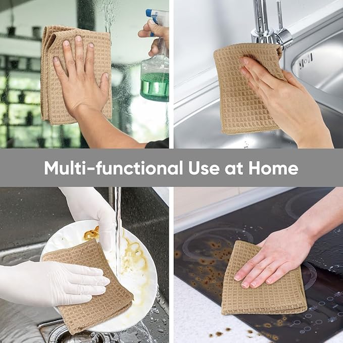 HOMEXCEL Waffle Weave Microfiber Cleaning Cloth, 6 Pack Highly Absorbent Cleaning Rag for Household, Reusable Kitchen Towels, Scratch-Free Stainless Steel Wipes, 12 x 12 Inches, Brown