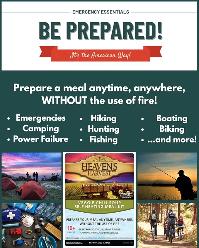 Heaven's Harvest Self-Heating Emergency Meal Kit (10 Year Shelf Life) — Tastier than MRE Meals & Ready-To-Eat in Minutes! Just add water to activate the “cooking” process. (Veggie Chili) (12-Pack)