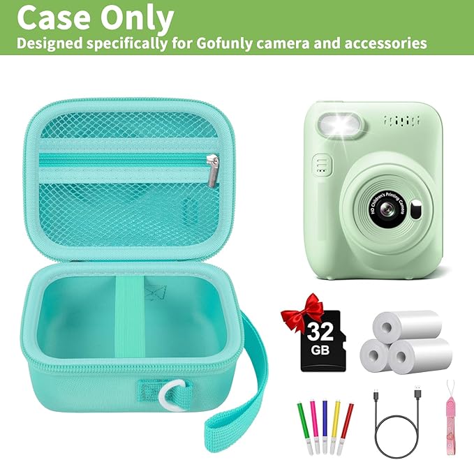 Instant Print Camera Case Compatible with Gofunly Camera, Digital Camera Bag for Esoxoffore/for LETSHAHA/for JPVERLY/for Hangrui, Storage for Printer Paper and 32GB SD Card- Green (Box Only)