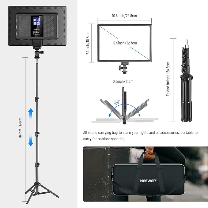 NEEWER 13" LED Video Light Panel Kit, 2 Pack Bi Color Dimmable with Tripod Stand, 4000mAh Battery, 3200K-5600K CRI97+, USB, for Studio/Streaming/YouTube, Black, NL-192AI