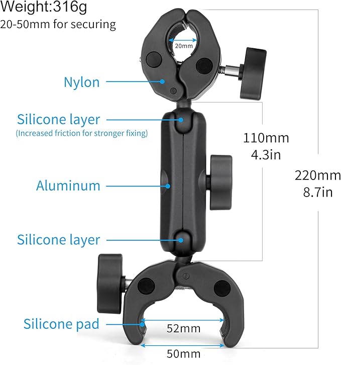 SOONSUN Double Super Clamp Camera Mount, Umbrella Clamp for Chair, Desk, Stroller, Wagons, Tripod, Pole, Light Stand, Cross Bar, Golf Cart, Motorcycle, Boom Stand, with 360° Magic Arm for Photography