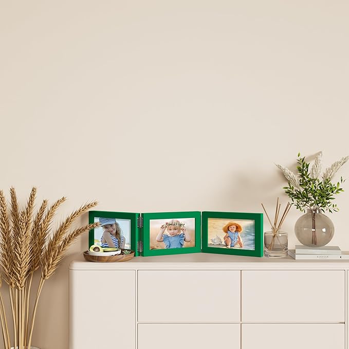 decorUhome Triple 6x4 Picture Frame Horizontal, Engineered Wood Trifold Photo Frame with Plexiglass for Tabletop Display, 6x4, Green