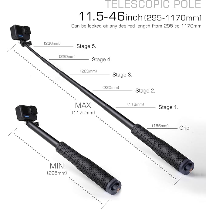 GEPULY Waterproof Selfie Stick Pole Hand Grip Adjustable Underwater Monopod for GoPro Hero 13 12 11 10 9 8 7 6 5 AKASO DJI OSMO 6 5 Pro Action Camera Black