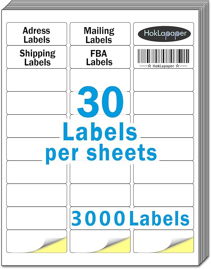 HokLa Paper Mailing Labels, 3000 (100 Sheets), White, 1" x 2-5/8", Laser/Inkjet Printer, Permanent Adhesive