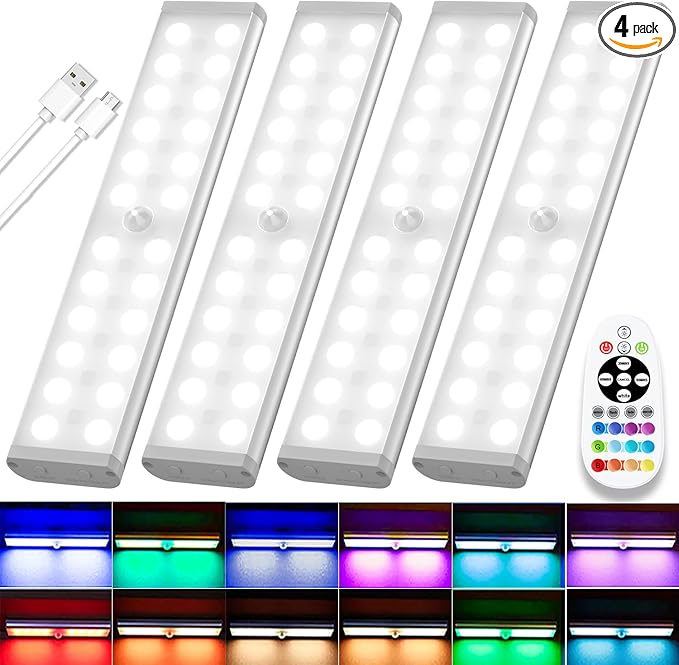 Diomart Under Cabinet Lighting, RGB Rechargeable Motion Sensor Light Indoor Night Lights, 58 -LED Remote Control Under Counter Lightis for Kitchen, Wardrobe, Hallway, Stairs, Desk(4 Pack)