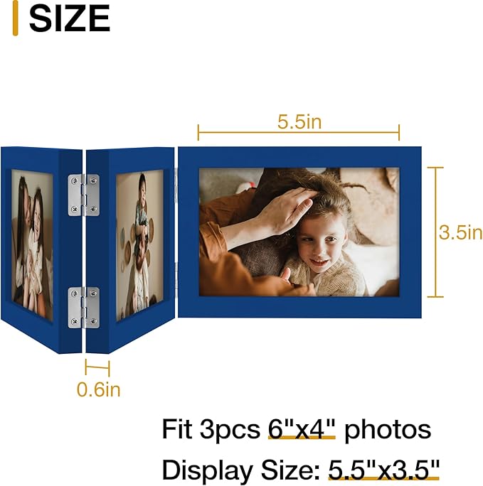 decorUhome Triple 6x4 Picture Frame Horizontal, Engineered Wood Trifold Photo Frame with Plexiglass for Tabletop Display, 6x4, Royal Blue