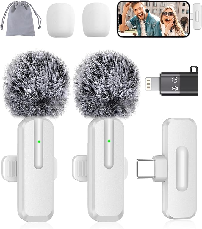 Wireless Mini Microphone for iPhone - 2 Pack Lavalier bluetooth Microphone for Video Recording, 2 In 1 Noise Reduction Lapel Mic for Ipad, Android, Clip-on Mini Mic for Tiktok Youtube Vlog Podcast