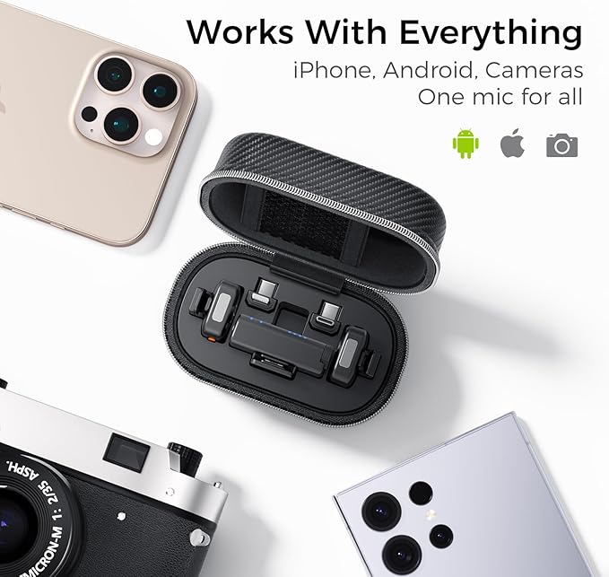 YRF Mic 2 (2 TX + 1 RX + Charging Case), mini Wireless Lavalier Microphone for iPhone Android/Tablets, Intelligent Noise Cancelling for Video Recording Podcast (M15)
