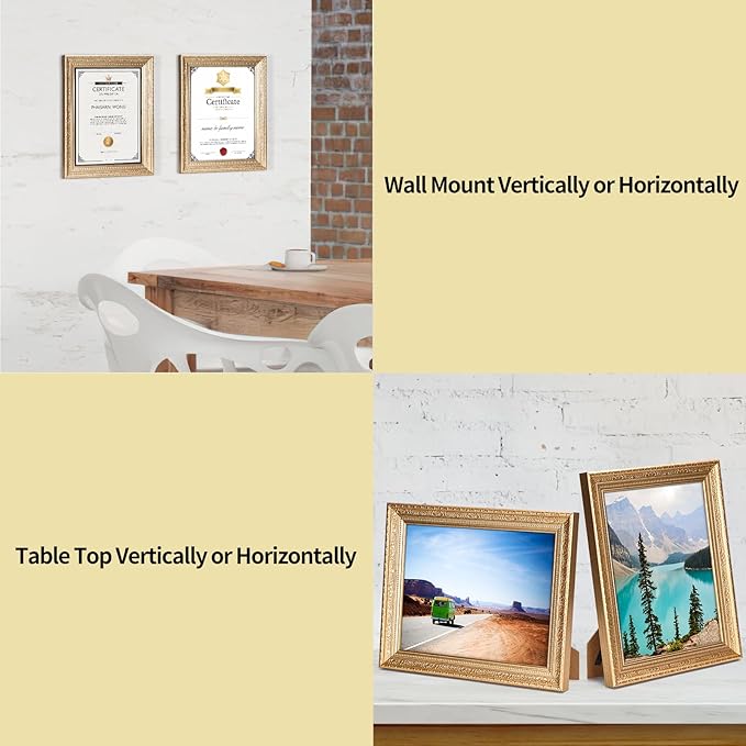 Edenseelake 8.5 x 11 Picture Frames Set of 2, Vintage Gold 8.5 x 11 Diploma Certificate Frame for Tabletop or Wall Display