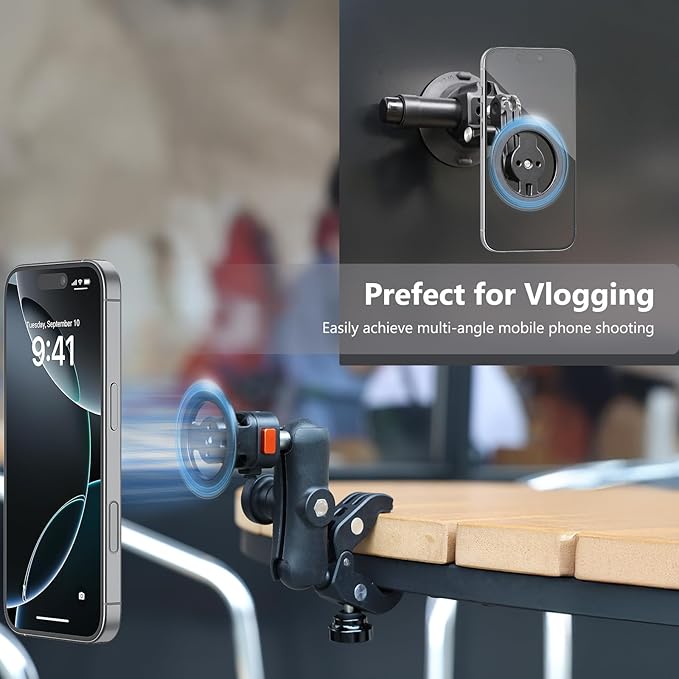 VRIG Magnetic Phone Tripod Mount Adapter with Adhesive Magnetic Ring Compatible with MagSafe iPhone 15 Pro Max 15 Plus 14 13 12, 1/4" Thread for iPhone Video Recording Selfie Stick Ring Light