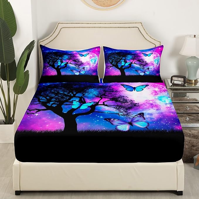 Blue Butterfly Full Bedding Sets for Girls Purple Starry Sky Bed Sheets Cute Butterfly Print Sheet Set Gradient Galaxy Fitted Sheet Dream Themed Sheets for Boys Teen Kids Lovely Insect Decor Bed Set