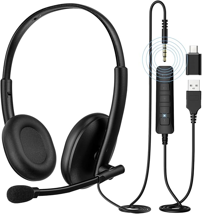 USB Headset with 290° Rotating Noise-Canceling Microphone, USB-A/Type C/ 3.5mm Wired Lightweight Office Headphone with Mute Button & Volume Control for PC, Mac, Cell Phone, Zoom Calls