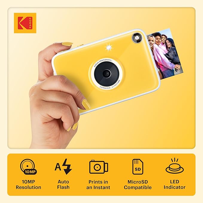 Kodak Printomatic+ Instant Print Digital Camera (Yellow) 10MP Portable Camera with Interactive RGB LED Status Indicator, Prints Full-Color Photos on Zink 2x3” Sticky-Backed Photo Paper - Easy & Fun