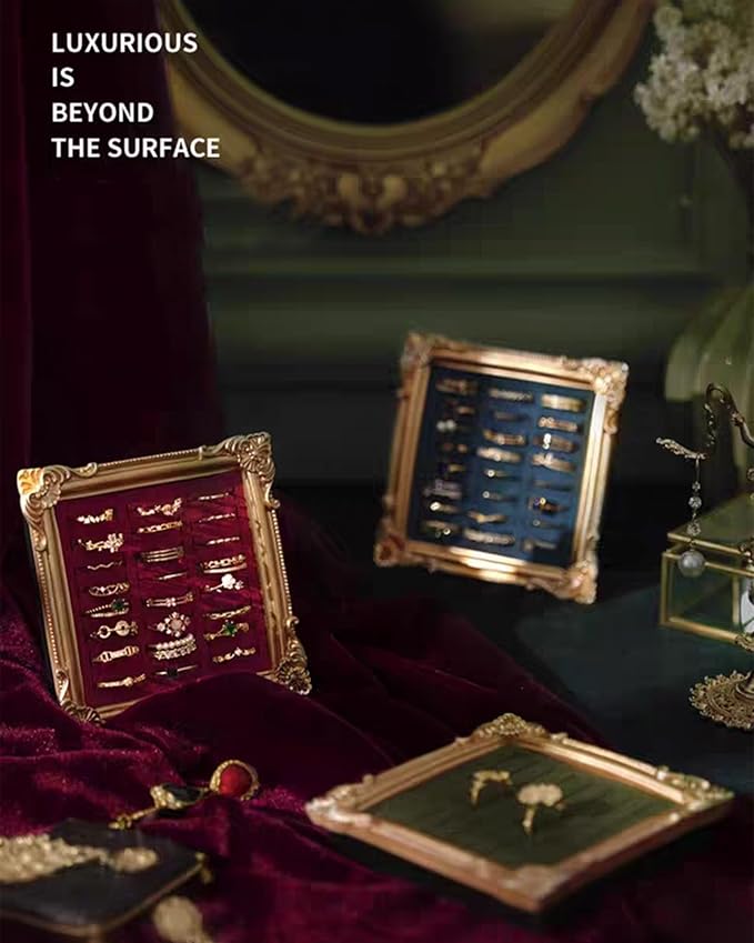 2PCS Jewelry Display Stand Vintage Ring Holder Box Earring Tray Retro Picture Frame Style Ring OrganizerJewelry Frame with Velvet