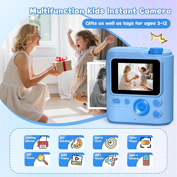 Kids Camera Gifts for Girls Boys - Christmas Birthday Xmas Gift for Girl Boy Age 3 4 5 6 7 8 9 10 11 12 Year Old - Instant Print Digital Toys Ages 3-5 6-8 8-12 Years Olds - Toddler Learning Kid Toy