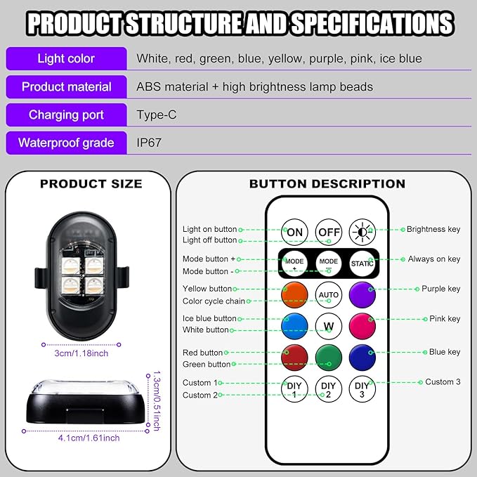 Upgraded Wireless LED Lights for Car, Rechargeable Interior Car Lights with 8 Colors Brightness Adjustable, 12H Battery Life, Remote Control, Mini Strobe Lights for Vehicle Motorcycle Bike Decor
