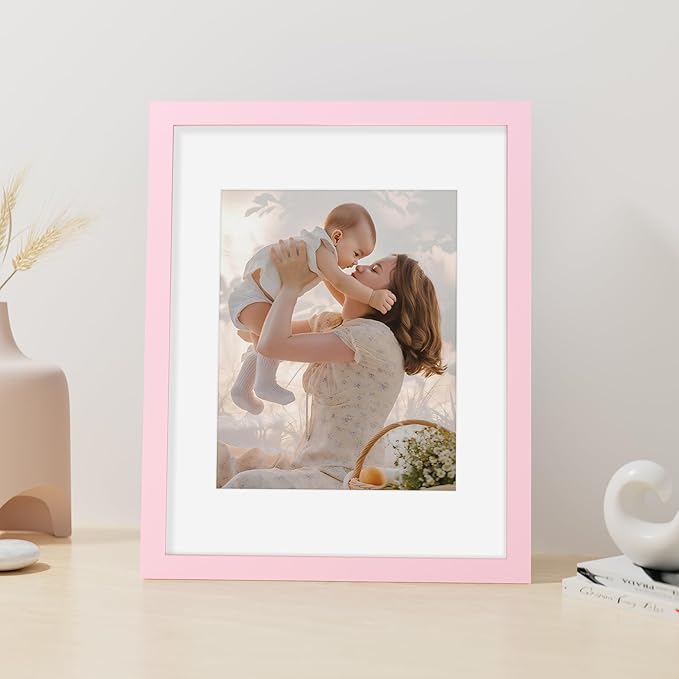 Vittanly 11x14 Picture Frame, Made of Solid Wood and Shatterproof Plexiglass, Display Pictures 8x10 with Mat or 8x10 without Mat, Wooden Photo Frame for Wall Mounting or Tabletop, Pink, 1 Pack