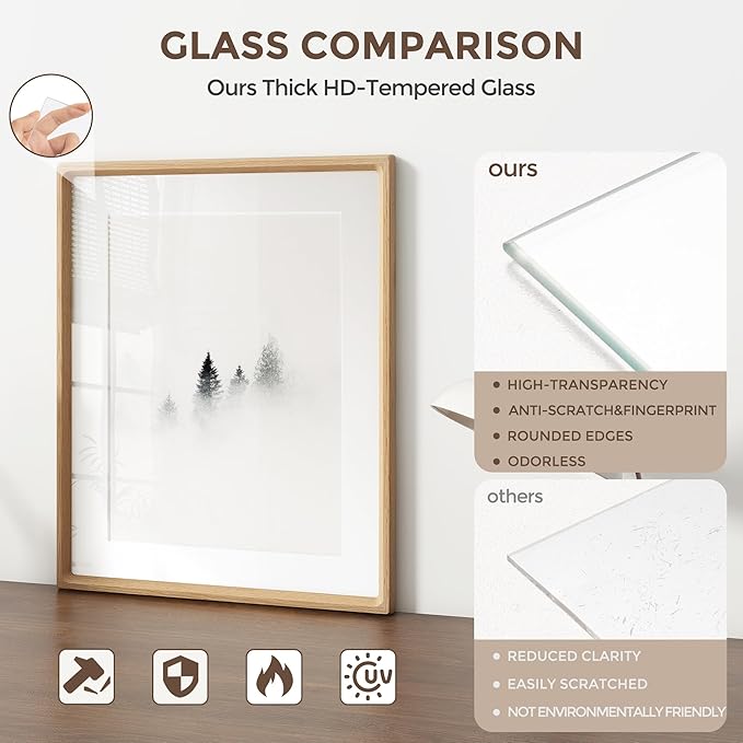 11x14 Picture Frame, USA-Sourced Natural Oak Wood Photo Frame with Tempered Glass, Handcrafted Rounded Corner 11 x 14 Wooden Frame Matted to 8x10 Photos, Wall or Tabletop Display
