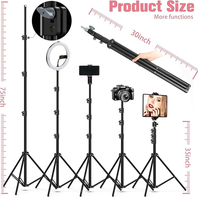 22"Ring Light with Stand,Ring Light Tripod for iPhone ipad,with 75"Tripod/LCD Display/4 ipad iPhone Clips/2 USB Ports,2600K-6500K Color Temperature,for Barber Makeup Tattoo TikTok Video Recording Vlog