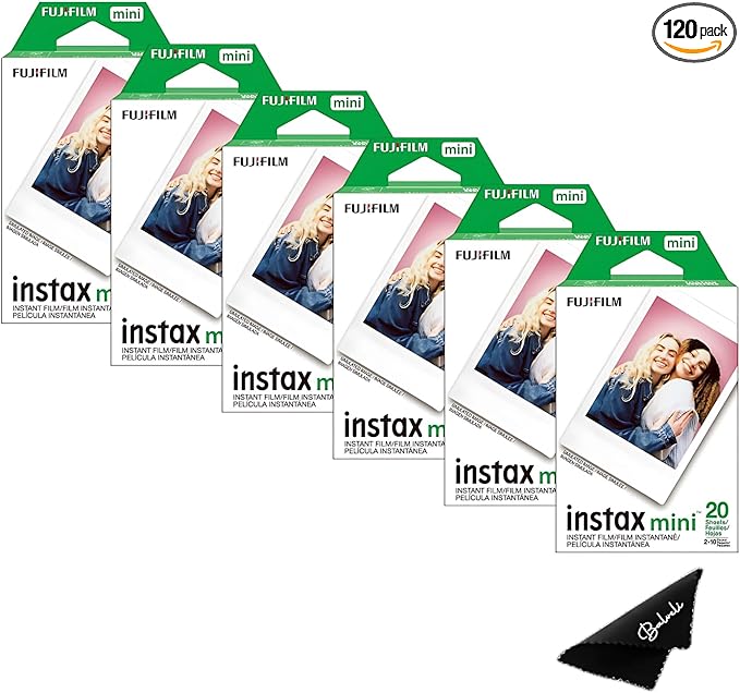 Fujifilm Instax Mini Film ISO 800, Six Twin Packs 120 EXP Total Compatible with Instax Mini Evo, 12, 11, 9 Models, Includes Balveli Premium Microfiber Cleaning Cloth